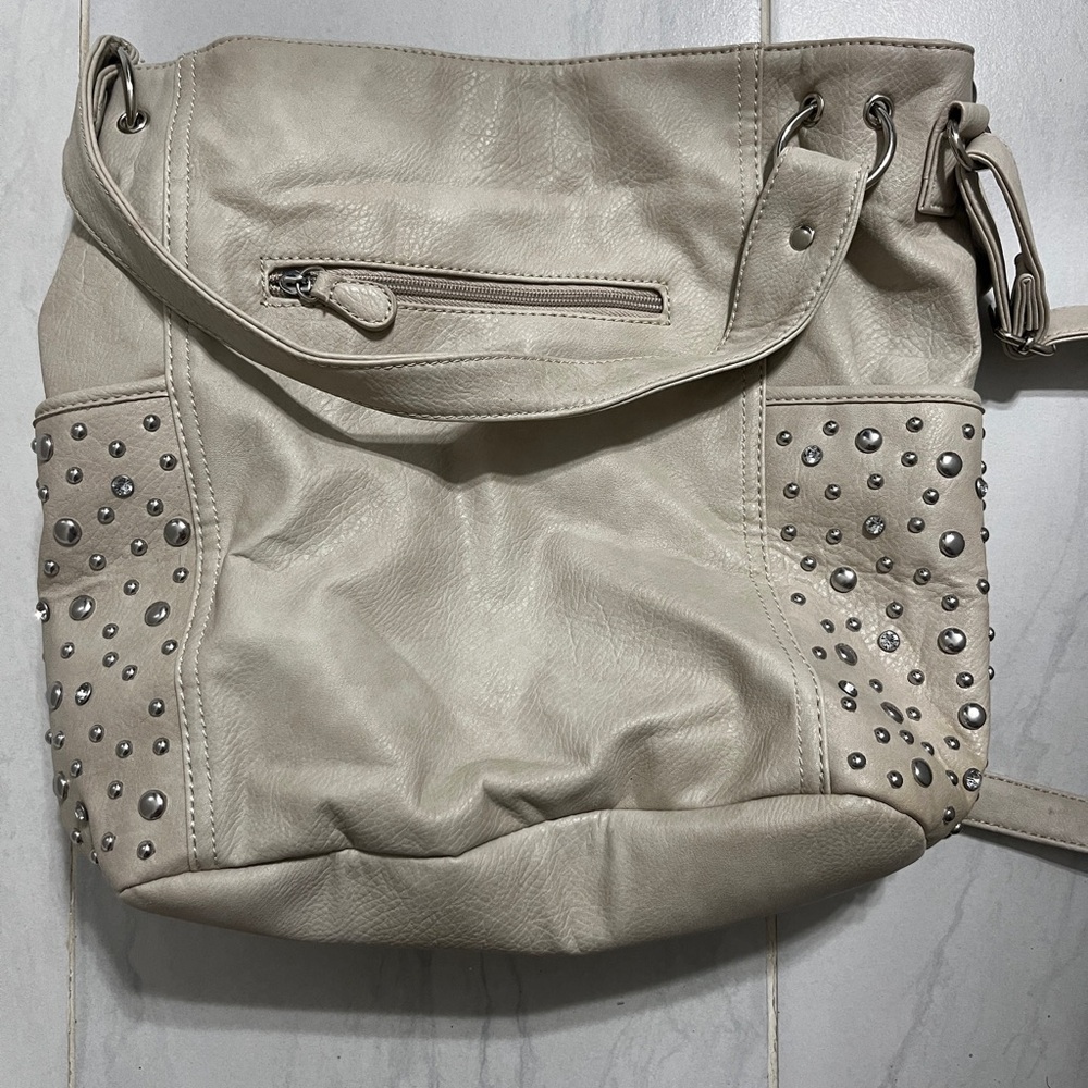 White Studded Faux Leather Shoulder Bag / Crossbody Tote